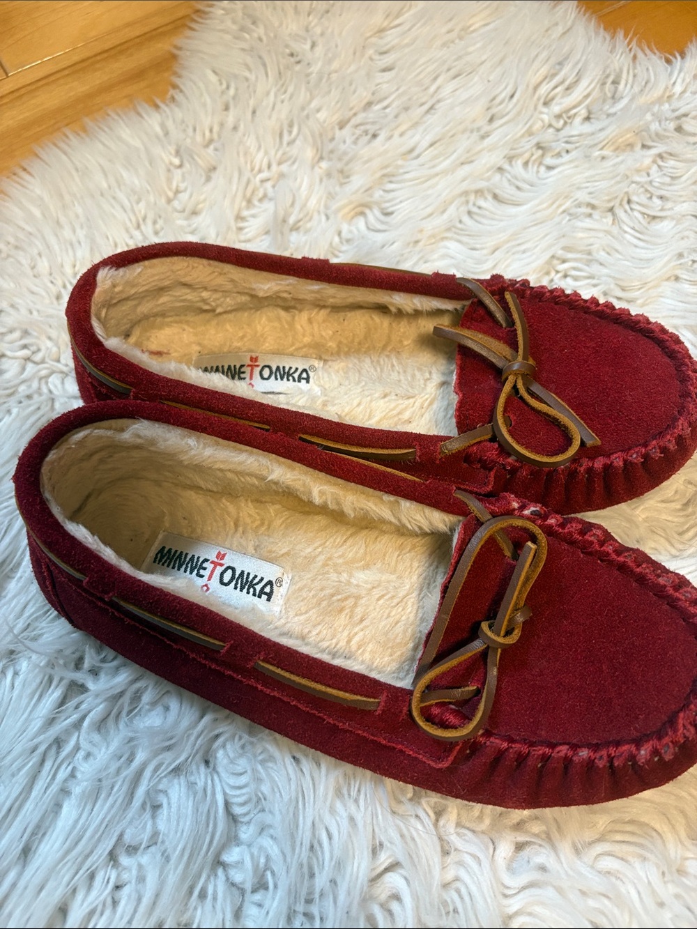 Minnetonka Burgundy Suede Moccasin Slippers with Tan Laces